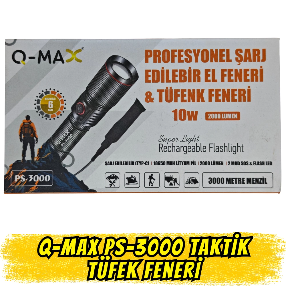 Q-max PS-3000 Taktik Tüfek Feneri 10W - 18650 Lityum Pilli, Yüksek Lümen Gücü